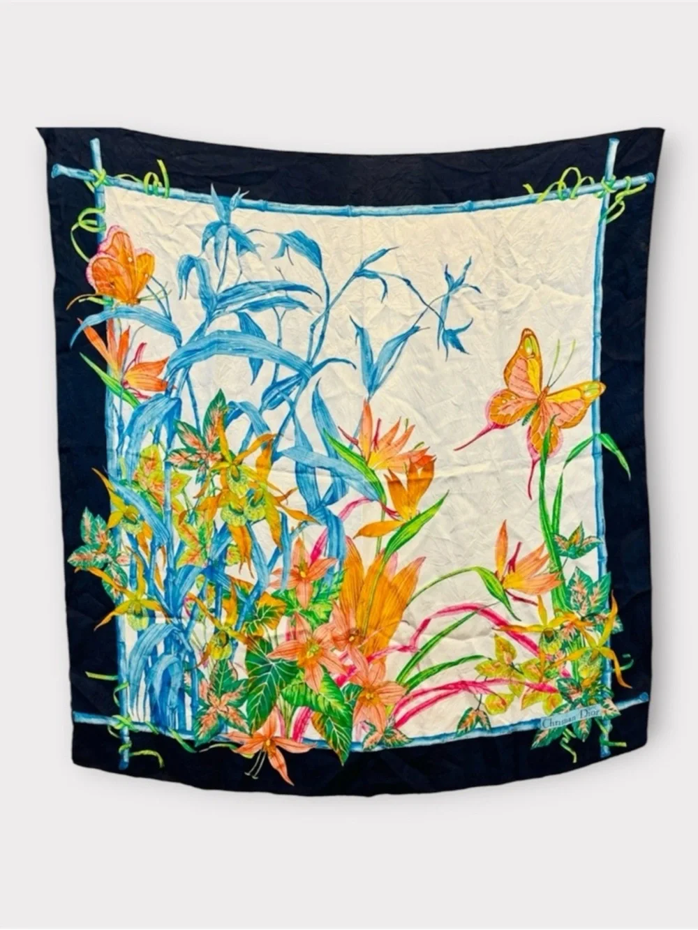 CHRISTIAN DIOR Vintage 34” 100% Silk “Floral & Butterfly” Botanical Square Scarf